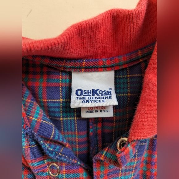 Vintage OshKosh USA Romper Overalls Blue Red Plaid Size 18 Months Made in USA - Picture 6 of 11